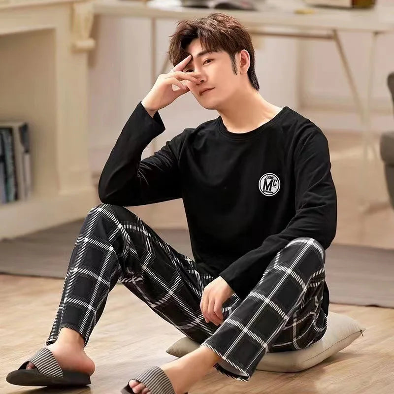 Men's Summer 2024 Long-Sleeve Pyjama Set — Black Plaid Two-Piece Home & Casual Wear, Large Size