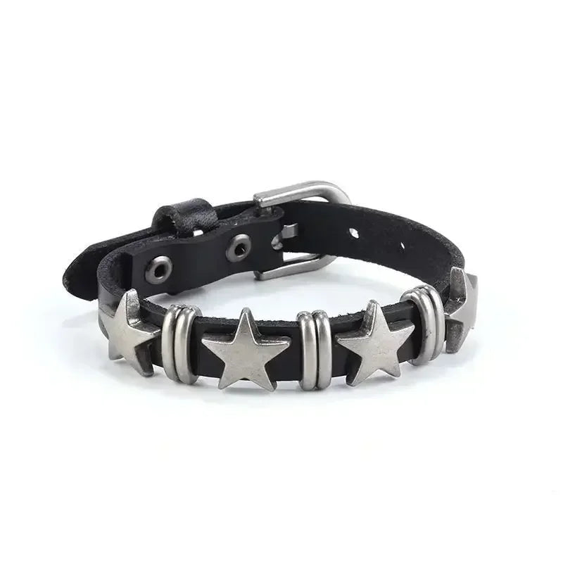 Punk Rock Hip Hop PU Leather Bracelet – Unisex Skull, Pentagram & Rivet Chain Bracelet, Trendy Party Jewelry Accessory
