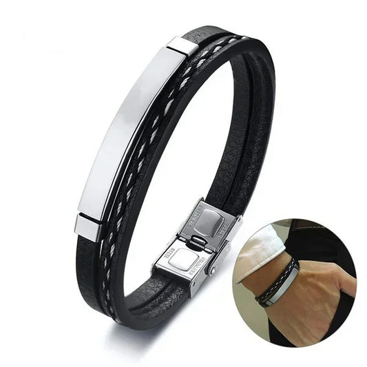 Delysia King 2021 Trendy Men's Leather Weave Bracelet - Leisure Color Contrast Stainless Steel Bangle