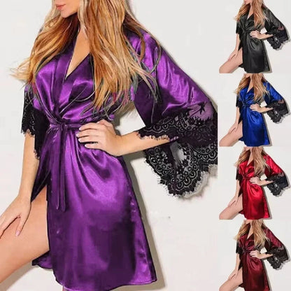 Women Floral Lace Night Gown Robe - Sexy Satin Sleepwear Set with G-String, Short Sleeve Bathrobe & French Style Nightdress