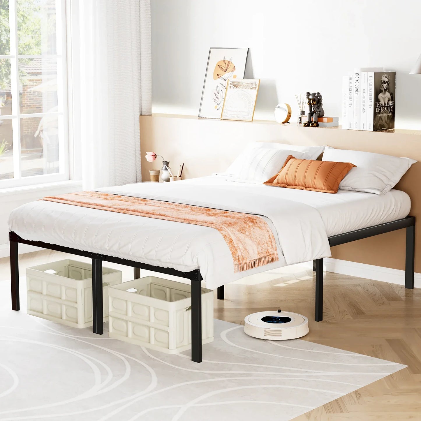Metal Bed Frame with Storage – Twin, Full, Queen & King Size Platform with Steel Slat Support 350lbs