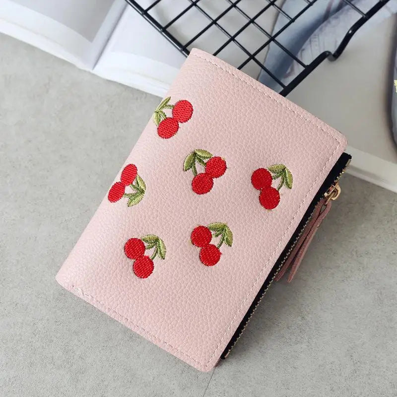 Women’s Cherry Embroidered Short Wallet – Simple Vertical Buckle Zipper Purse for Girls