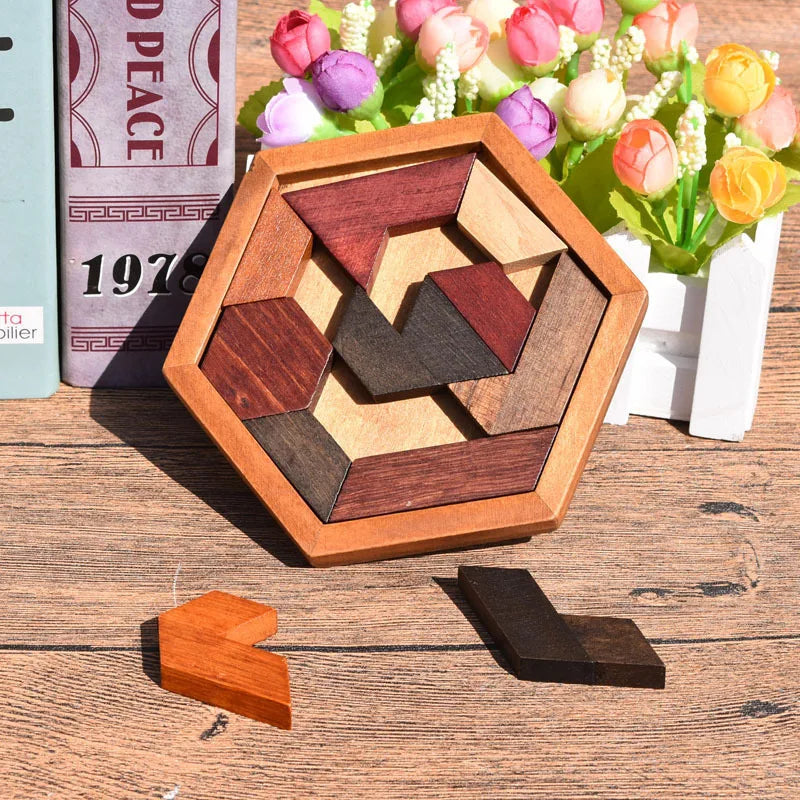Hexagonal Wooden Puzzles – IQ Brain Teaser Game, Educational Tangram Toy for Kids & Adults, Montessori Gift for Cognitive Development