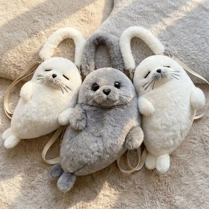 Cute Seal Plush Shoulder Bag - Soft Fluffy Cartoon Crossbody Phone Bag with Adjustable Strap