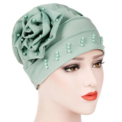 2024 Pearl Embellished Muslim Turban Beanie for Women – Elastic Hijab Headwrap with Flower Chemo Cap