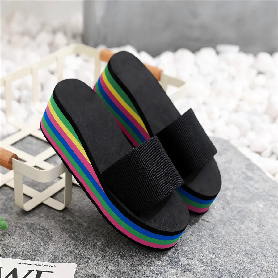 Summer Women’s Rainbow Bohemian Clip Toe Flip Flops – Non-Slip Wedge Beach Sandals