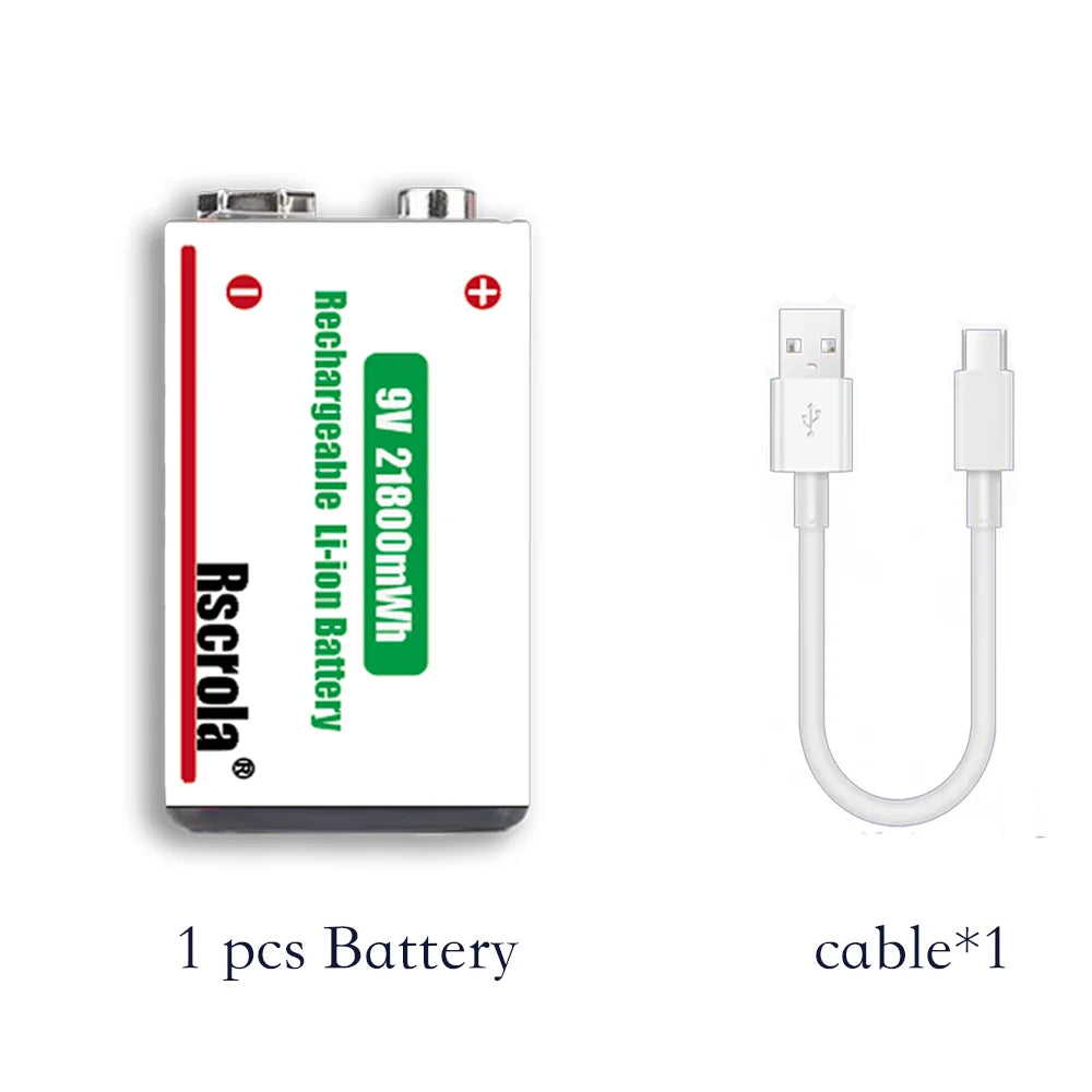 9V Lithium-Ion Rechargeable Battery 21800mWh – High-Capacity Power for Guitar, Microphone, Smoke Detector & Pedals with Cable