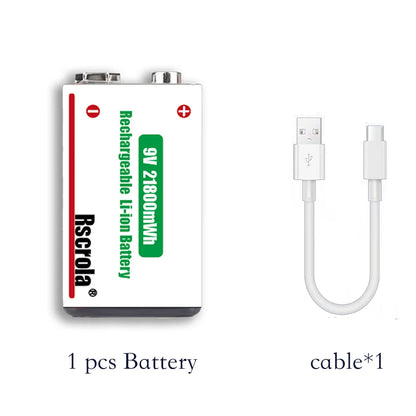 9V Lithium-Ion Rechargeable Battery 21800mWh – High-Capacity Power for Guitar, Microphone, Smoke Detector & Pedals with Cable