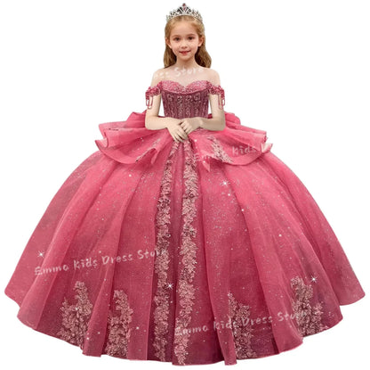 Lace Flower Girl Dress - 3D Floral Appliqué, Beading & Long Bow Ball Gown