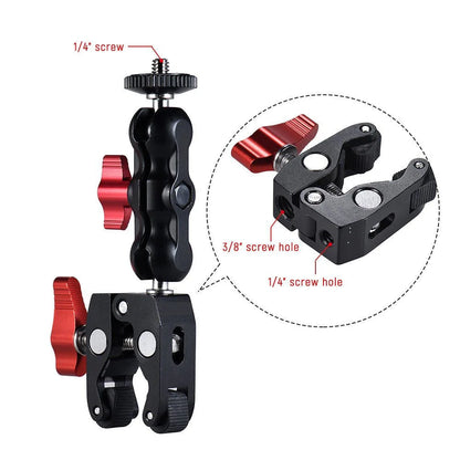 Super Clamp Camera Mount with 360° Ballhead, Double Ball Head Magic Arm Adapter for DSLR, GoPro, LED Lights, and Phone