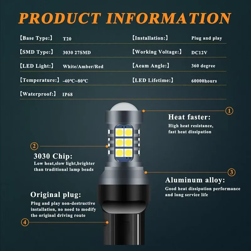 2PCS T20 7440/7443 LED Car Bulbs – 27SMD 3030 Chip WY21W W21W Signal, Backup & Reverse Plug & Play Automotive Lighting Lamps