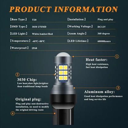 2PCS T20 7440/7443 LED Car Bulbs – 27SMD 3030 Chip WY21W W21W Signal, Backup & Reverse Plug & Play Automotive Lighting Lamps