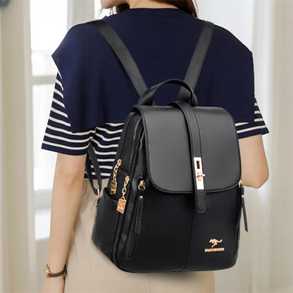Luxury Leather Backpack for Women - Vintage Black Daypack, Casual School Bag for Girls, Mochila Rucksack Style