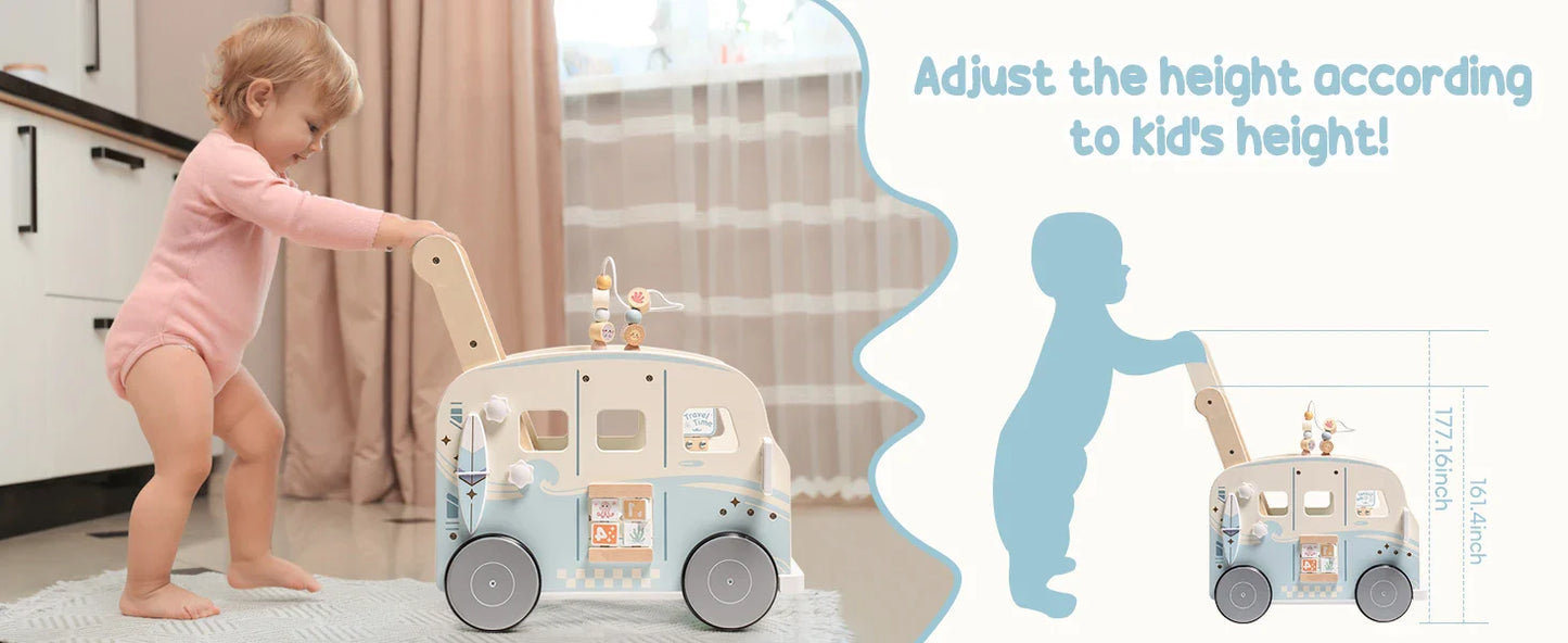 Robotime Robud Wooden Baby Walker – Push-Along Activity Walker with Wheels, Multifunctional Toddler Toy Gift for Boys & Girls