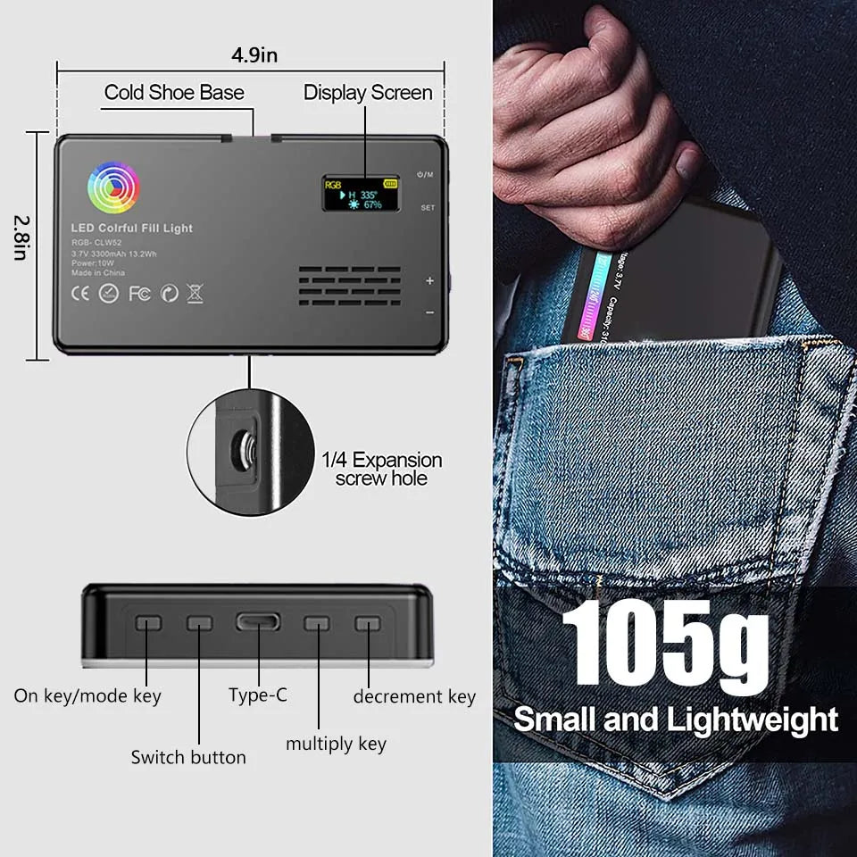 RGB LED Video Light Panel: CRI95+ 2500-9000K with LCD Display - Cold Shoe Mount for Vlog, Live Streaming, DSLR Photography