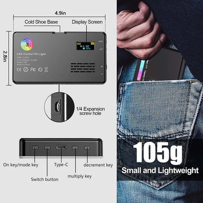 RGB LED Video Light Panel: CRI95+ 2500-9000K with LCD Display - Cold Shoe Mount for Vlog, Live Streaming, DSLR Photography