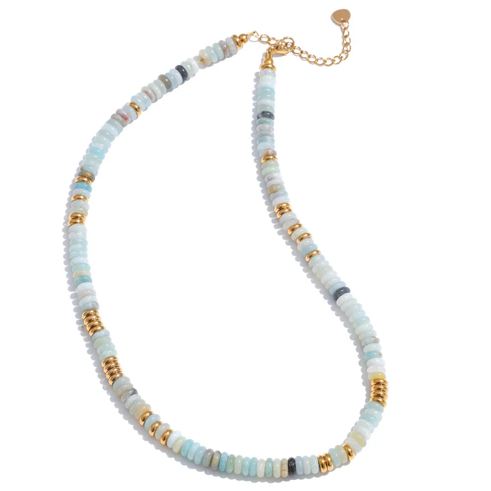 Yhpup Colorful Natural Stone Bead Necklace – Handmade Y2K Stainless Steel Waterproof Chain Jewelry for Women