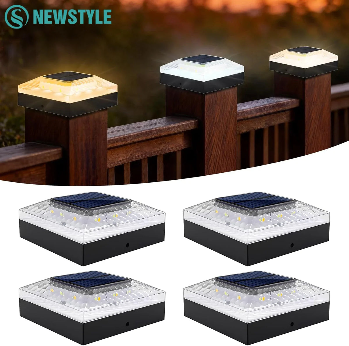 1/4PCS Solar Post Cap Lights - IP65 Waterproof Fence Topper LED Lights with 3 Color Modes for 4x4 Vinyl & Wood Posts