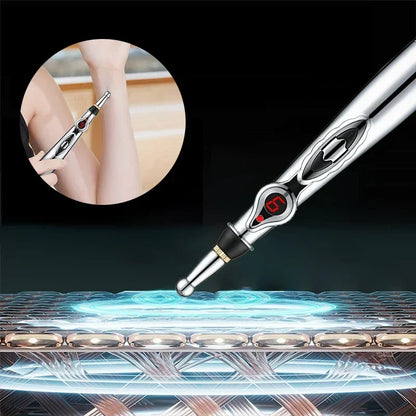 Electric Massage Pen – Adjustable Battery-Powered Muscle Relaxer for Body, Back & Hands, Silver