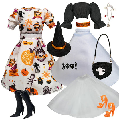 1/6 Doll Halloween Cosplay Outfit – Witch Dress, Cap, Belt, Bag & Broom for 12" BJD / 30cm Dolls
