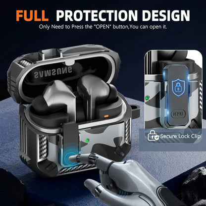 Shockproof Carbon Fiber Camouflage Case for Galaxy Buds 3 Pro – Secure Lock Clip & Cleaning Kit Included – Full Body Protective Cover