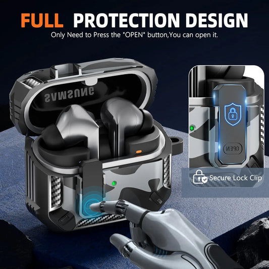 Shockproof Carbon Fiber Camouflage Case for Galaxy Buds 3 Pro – Secure Lock Clip & Cleaning Kit Included – Full Body Protective Cover