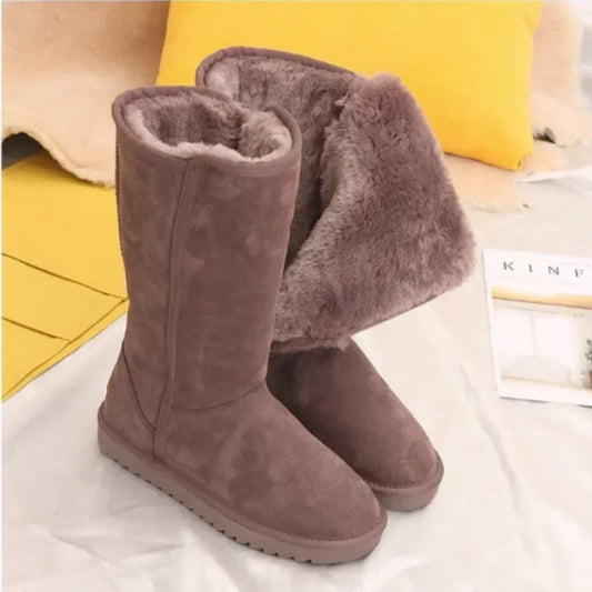Women’s Classic Winter Snow Boots 2024 – Waterproof Leather Fur Knee-High Boots with Velvet Lining