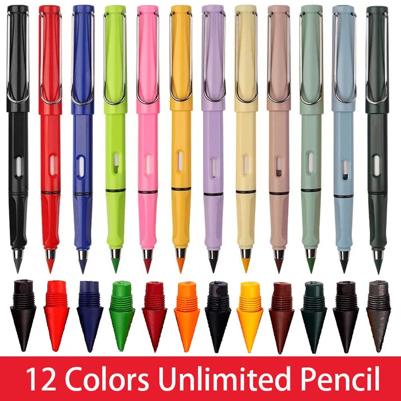 12-Color Everlasting Pencil Set with Eraser - Unlimited Writing & Erasing Pens for Kids, School & Art Supplies