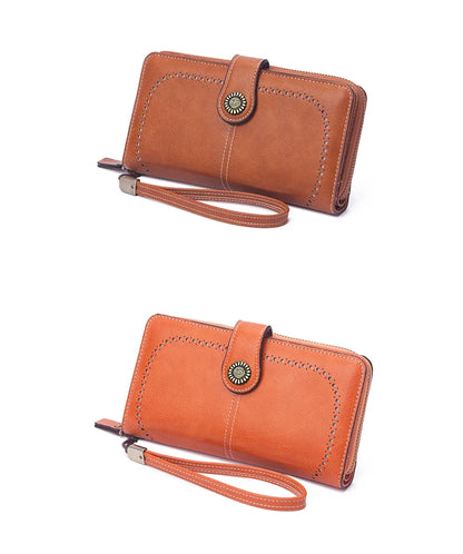 Vintage Large Capacity Women's Purse – Monochromatic Multi-Card Long Wallet with Zipper & Wrist Strap