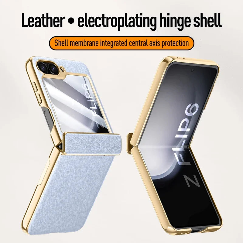 Electroplated Leather Case for Samsung Galaxy Z Flip 6/5 – Skin-Friendly Shockproof Hinge Cover with Tempered Film