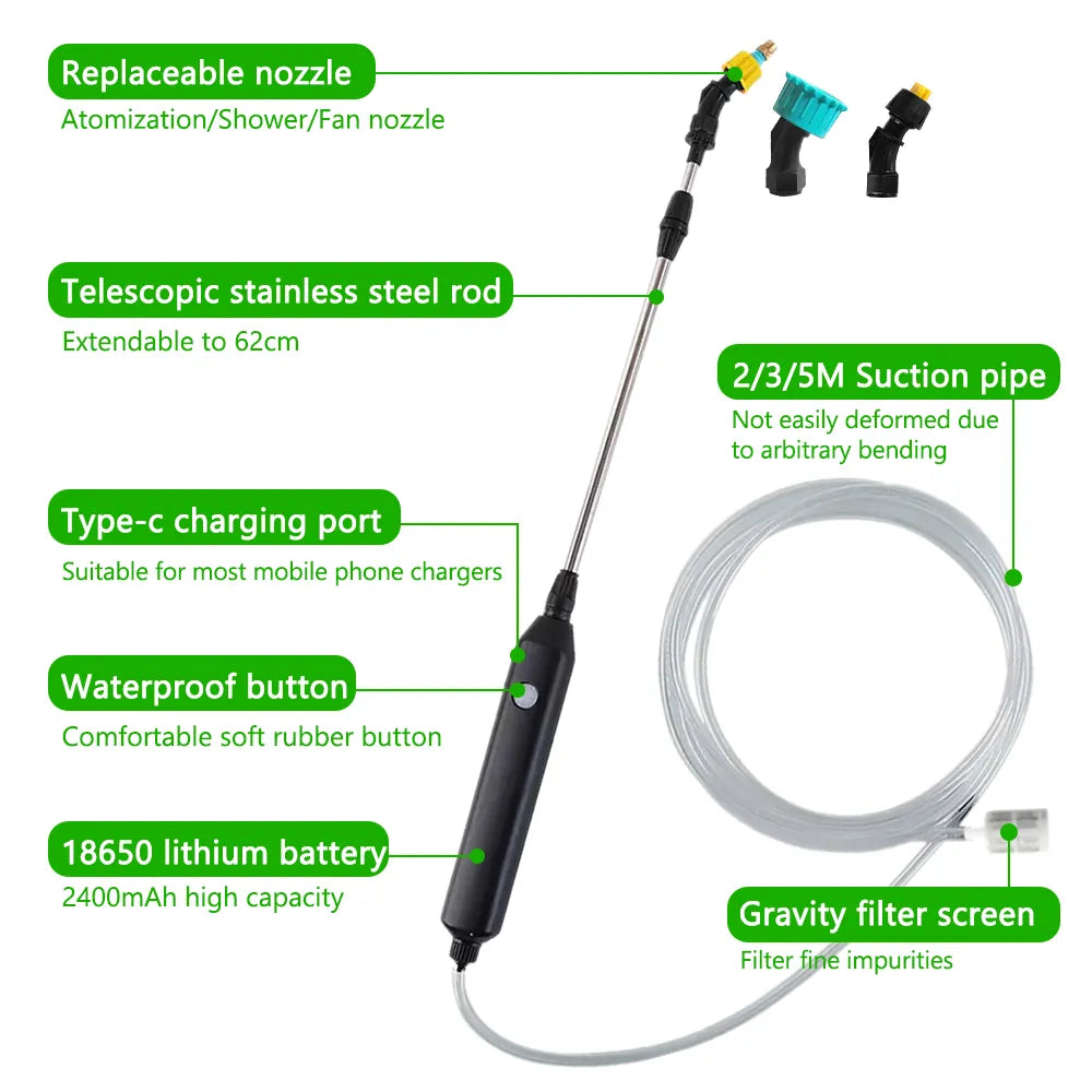 Portable Electric Gardening Sprayer - USB Rechargeable Irrigation Tool with Telescopic Handle and 3 Nozzles for Yard Plants (2400mAh)