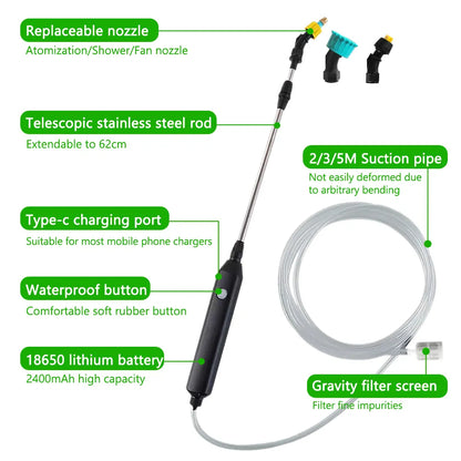 Portable Electric Gardening Sprayer - USB Rechargeable Irrigation Tool with Telescopic Handle and 3 Nozzles for Yard Plants (2400mAh)
