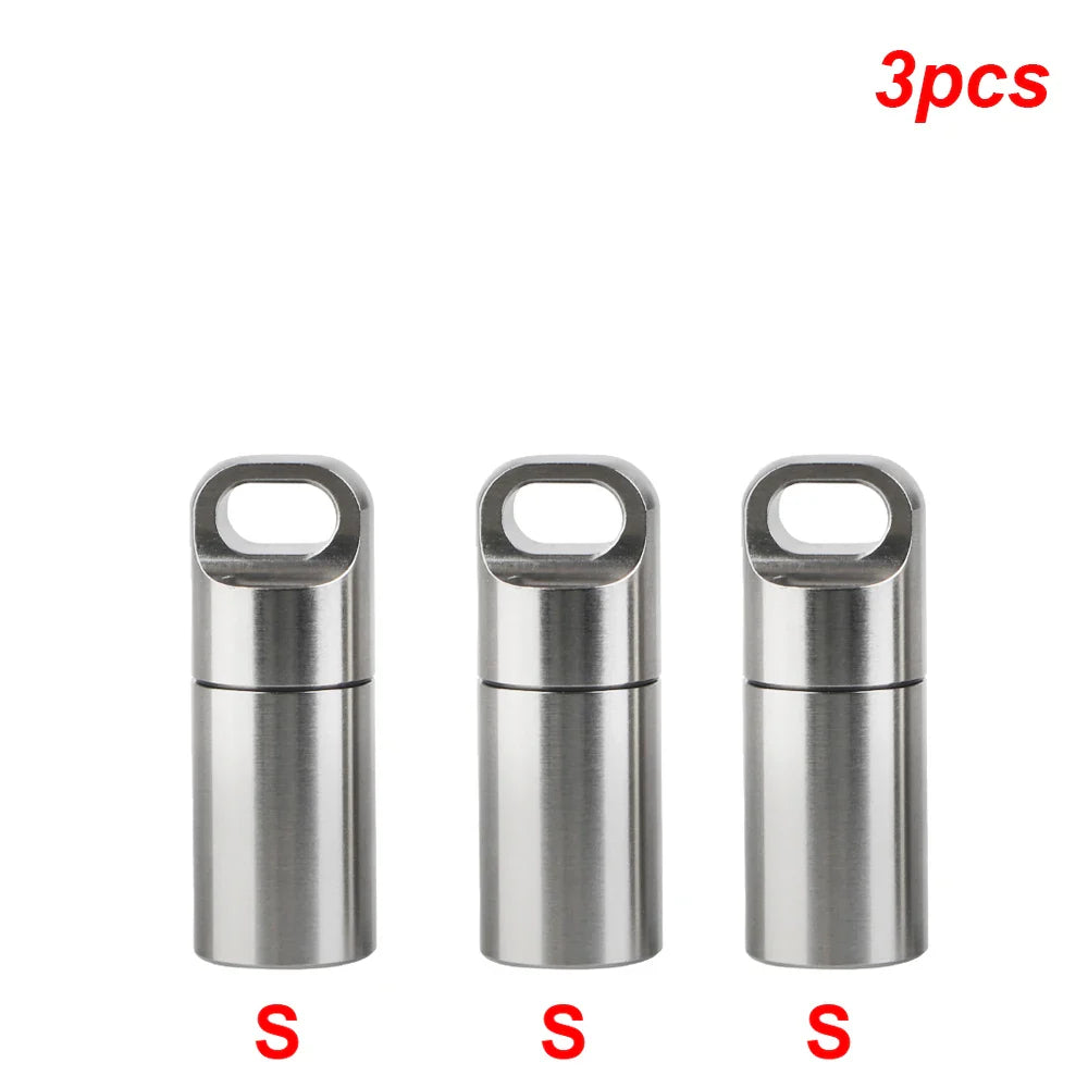 Stainless Steel Mini Pill Storage Box — S/M/L Waterproof Medicine Case with Keychain Seal Rings, Portable First Aid & Camping Pendant