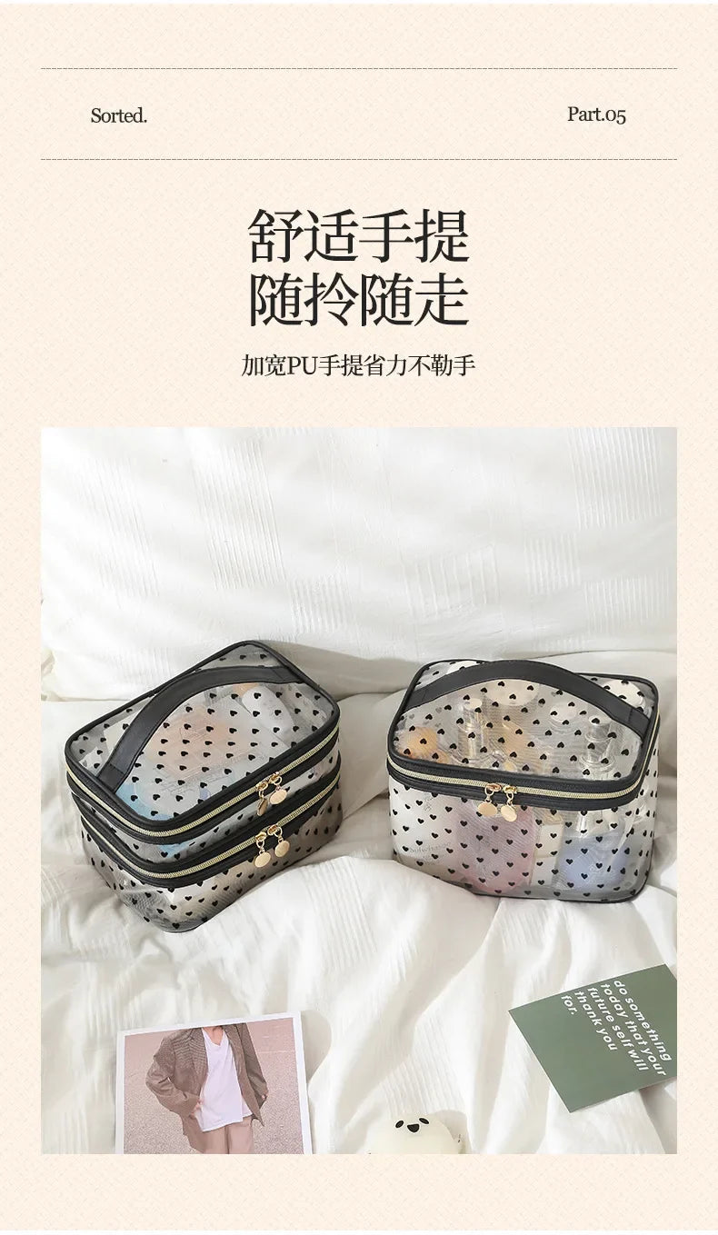 Double-Layer Black Mesh Cosmetic Bag – Large Capacity Travel Makeup Case Organizer with Zipper Toiletry Pouch