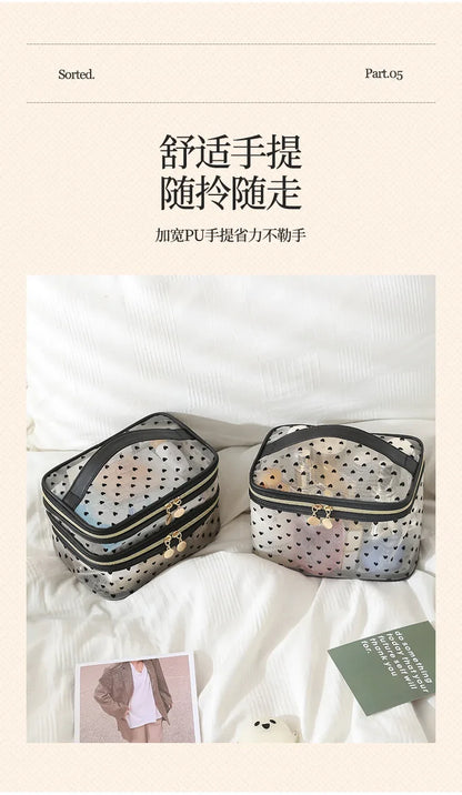 Double-Layer Black Mesh Cosmetic Bag – Large Capacity Travel Makeup Case Organizer with Zipper Toiletry Pouch