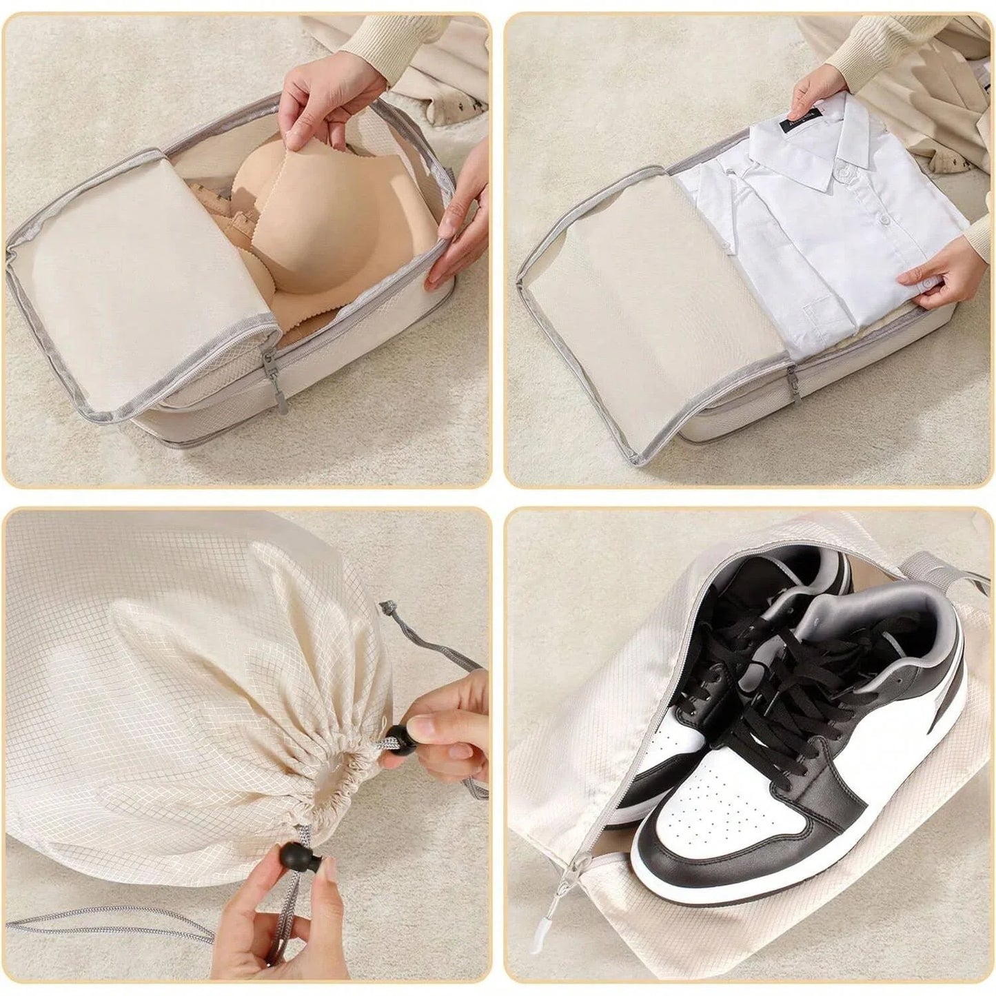 6-Piece Compressible Waterproof Nylon Packing Cubes Set – Portable Travel Storage Bags with Handbag Luggage Organizer