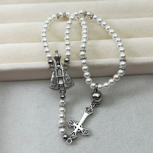 Vintage Virgin Mary Rosary Bracelet – Imitation Pearl Beaded Magnetic Our Lady of Aparecida Cross Prayer Jewelry Gift for Women & Faith Wear