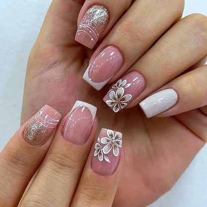 24PCS Short Square Coffin False Nails – French Glitter Acrylic Press-On Nail Tips with Glue, Wearable Fake Nails Set