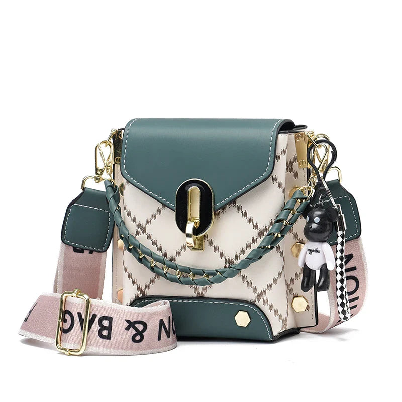Mini Studded Crossbody Bag for Women - Argyle Embroidery Mobile Phone Purse with Trendy Chain Decor