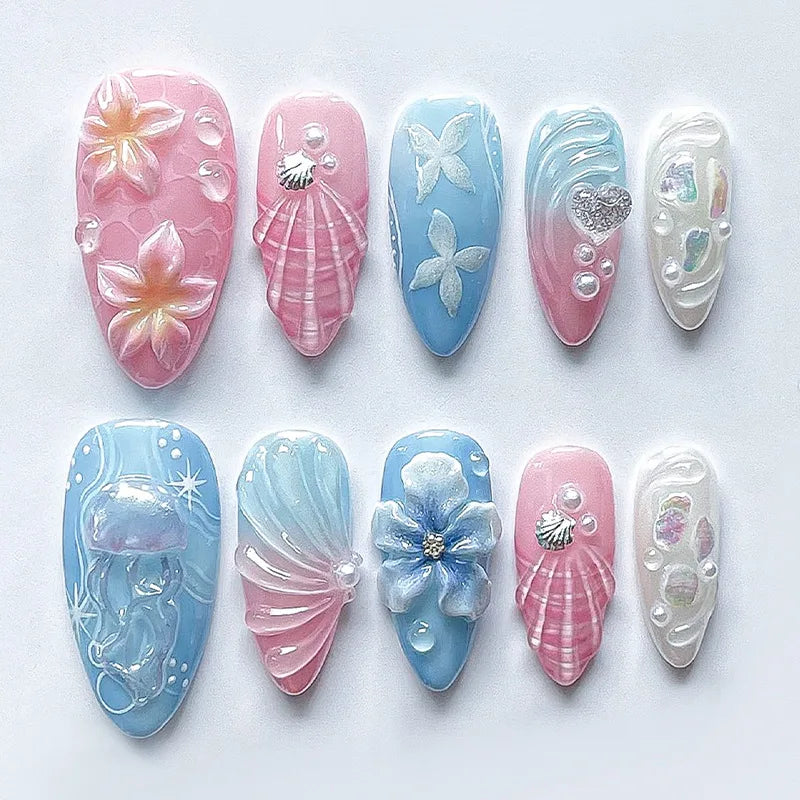 24PCS Strawberry Bow Press On Nails - Red Short Almond Pearl Starlight Floral False Nail Art Tips