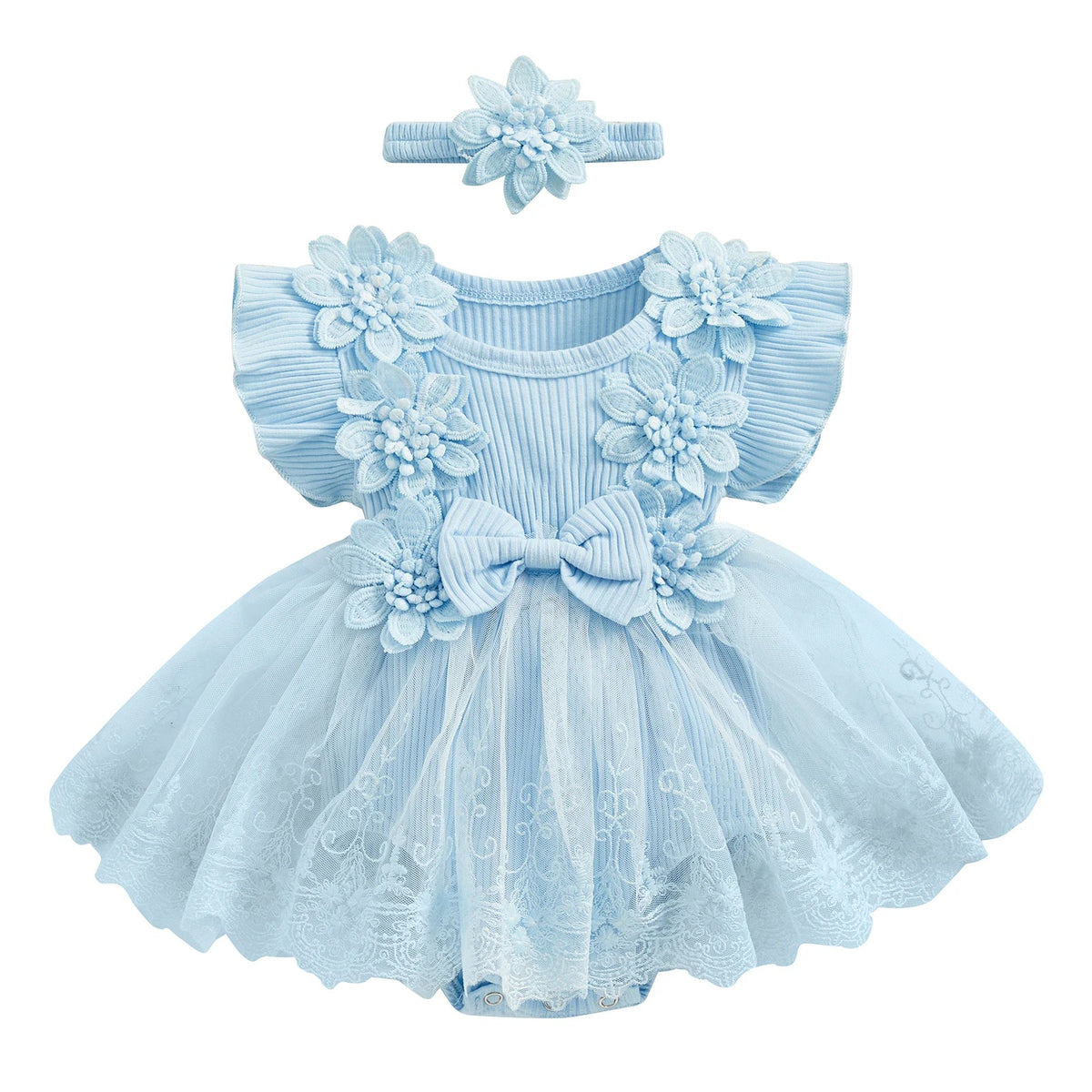 3D Flower Baby Girls’ Romper - Princess Mesh Lace Ruffle Bodysuit Dress with Headband