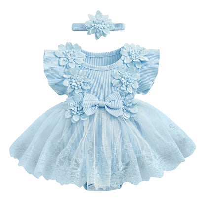 3D Flower Baby Girls’ Romper - Princess Mesh Lace Ruffle Bodysuit Dress with Headband