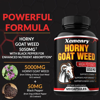 Men’s Horny Goat Weed 5050mg Capsules – Herbal Male Vitality Supplement with Black Pepper Extract for Energy & Performance Support