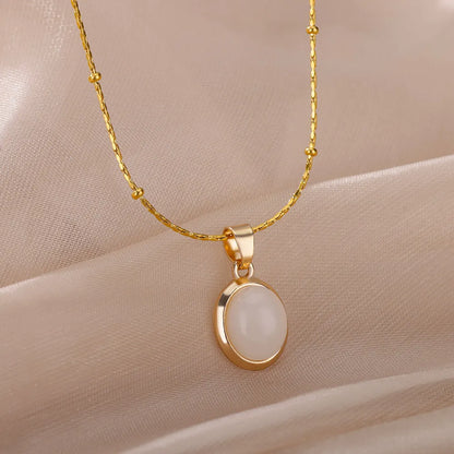 Fashion Opal Oval Necklace for Women – Gold Stainless Steel Pendant, Aesthetic Wedding Jewelry Gift
