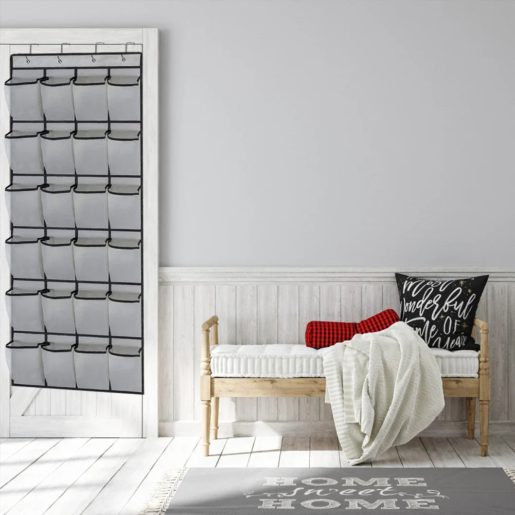 24-Pocket Clear-View Hanging Shoe Organizer with 4 Metal Hooks — Over-the-Door Wall Storage Bag