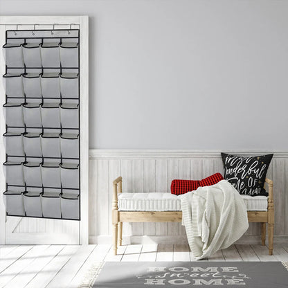 24-Pocket Clear-View Hanging Shoe Organizer with 4 Metal Hooks — Over-the-Door Wall Storage Bag