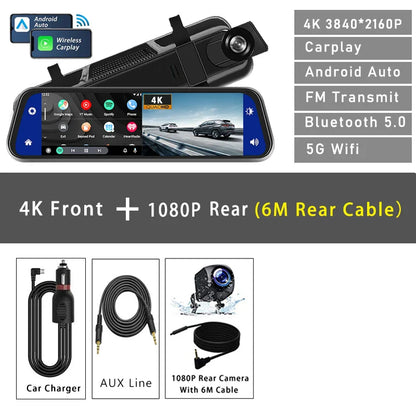 10" 4K Dash Cam Car DVR – 3840x2160P, CarPlay, Android Auto, GPS, 5G WiFi, AUX, Rearview Mirror Dash Camera, FM Recorder