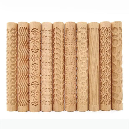 Wooden Texture Rolling Pin - Ceramic Pottery Art Embossed Flower Pattern Mud Roll Reliefs - DIY Clay Craft Tool
