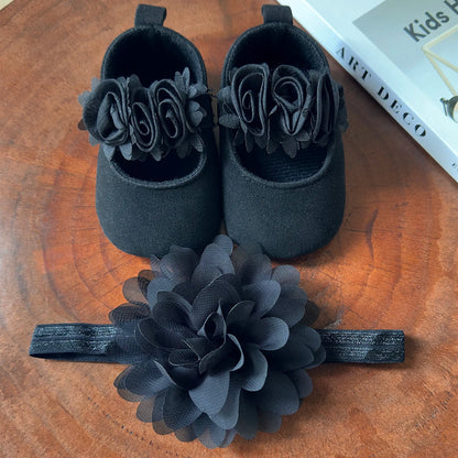 Baby Girls Flat Shoes with Flower Decor & Matching Headband – Princess Crib First Walker Shoes for Newborns and Infants