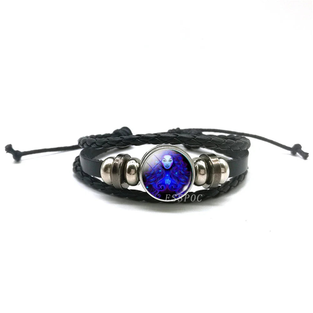 New Men's 12 Constellation Black Braided Leather Bracelet – Punk Style Zodiac Sign Multilayer Wrap Bracelet for Birthday Gifts
